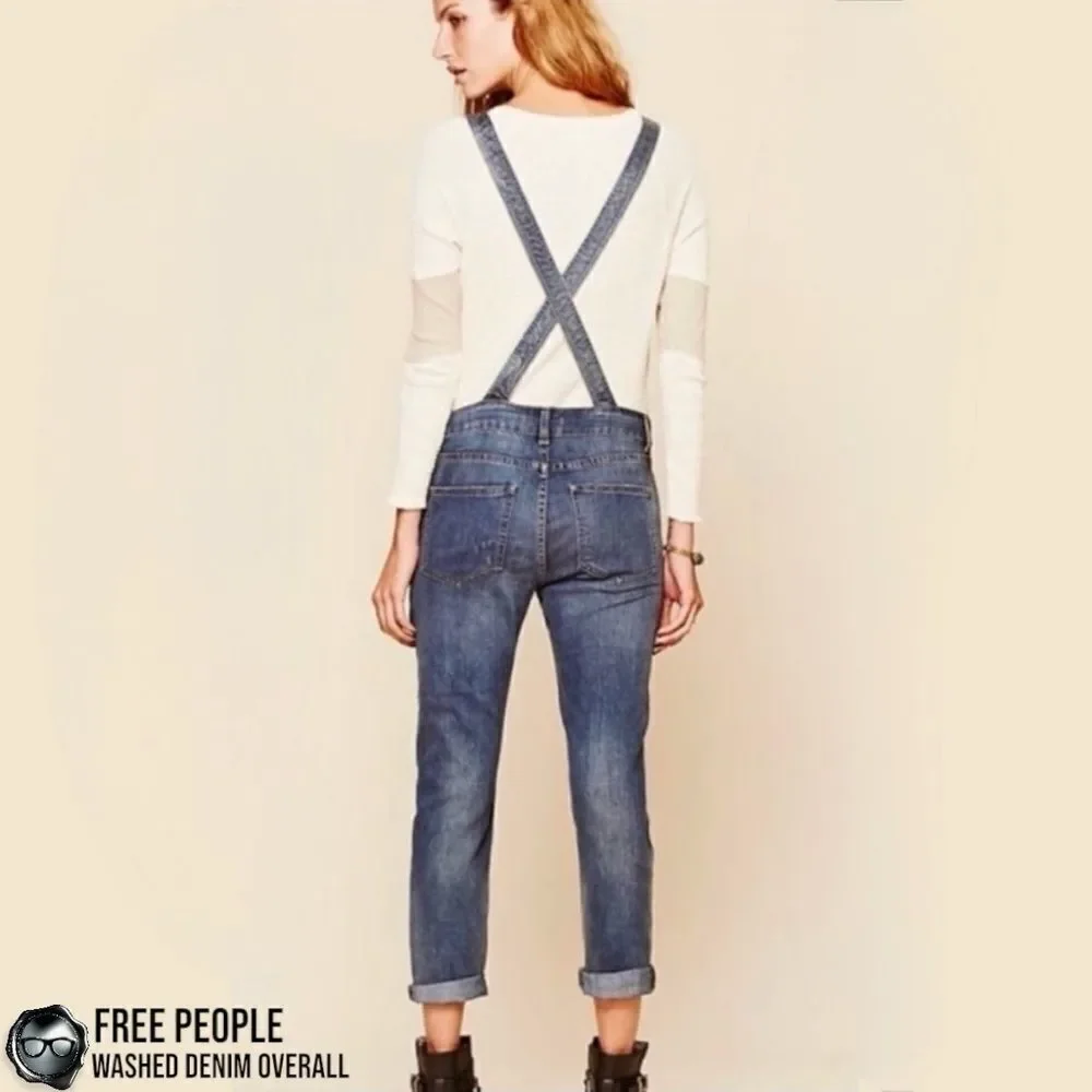 FREE PEOPLE WASHED DENIM OVERALLS IN DISTRESSED INDIGO WOMEN’S SIZE 30 SKINNY